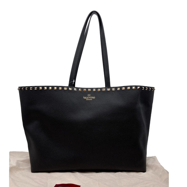 VALENTINO Garavani Rockstud Grained Calfskin Leather Shopping Tote Black