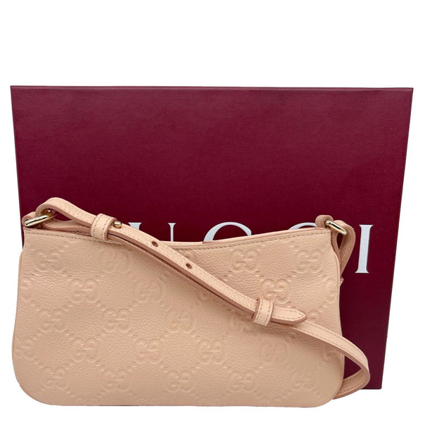 GUCCI GG Emblem Small Embossed Leather Shoulder Bag Pink 815278