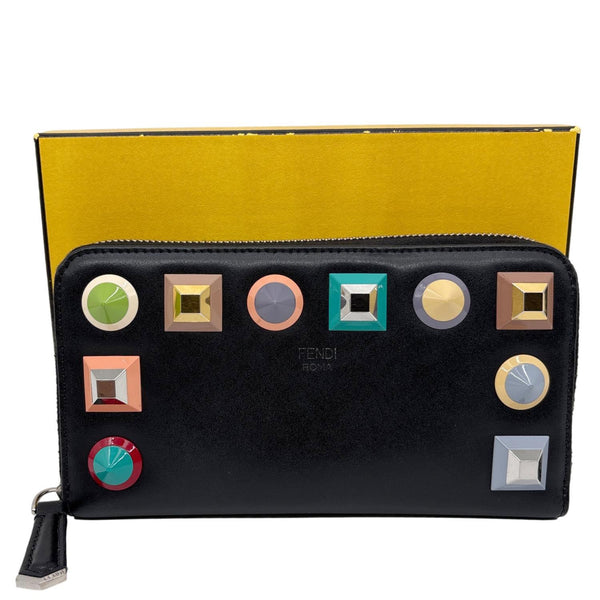 FENDI Colorful Studs Calfskin Zip Around Long Wallet Black