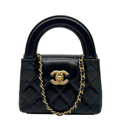 CHANEL Kelly Mini Nano Quilted Shiny Aged Calfskin Leather Tote Crossbody Bag Black