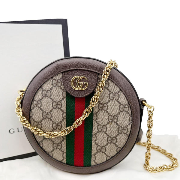 GUCCI Ophidia Mini GG Round Supreme Monogram Web Crossbody Bag Beige 550618
