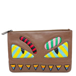 FENDI Vitello Century Monster Eyes Leather Pouch Brown