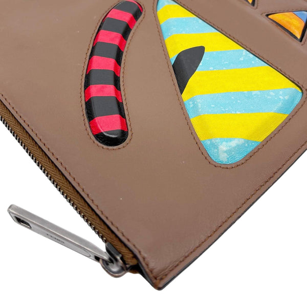 FENDI Vitello Century Monster Eyes Leather Pouch Brown