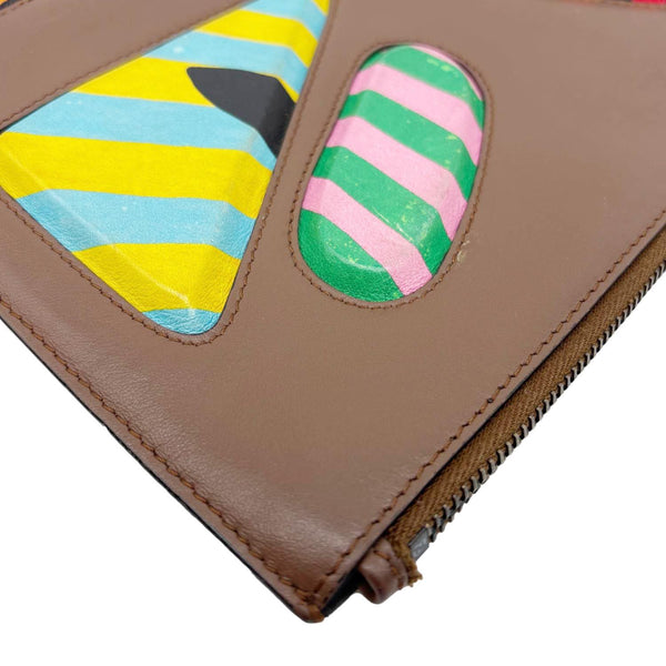 FENDI Vitello Century Monster Eyes Leather Pouch Brown