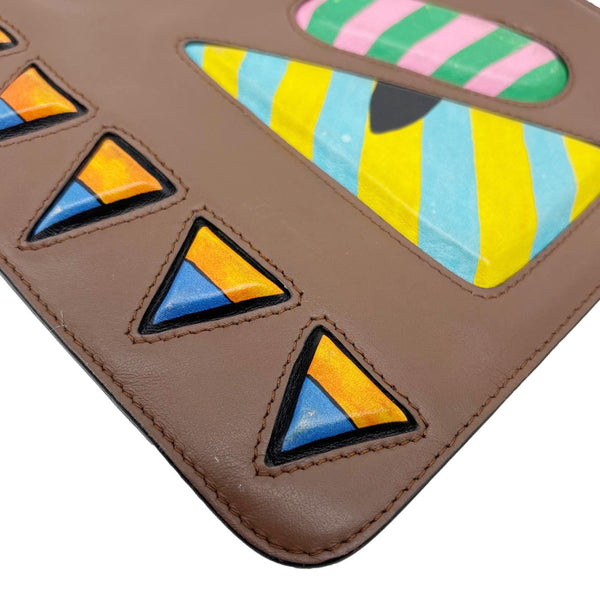 FENDI Vitello Century Monster Eyes Leather Pouch Brown