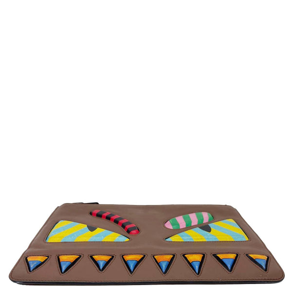 FENDI Vitello Century Monster Eyes Leather Pouch Brown