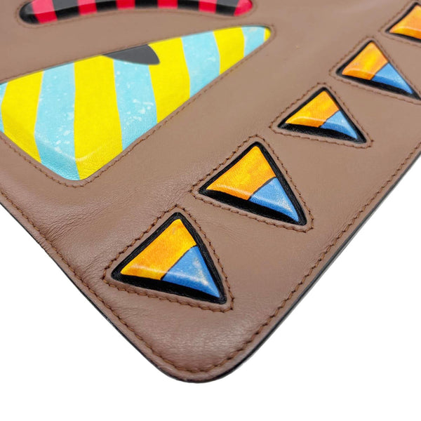 FENDI Vitello Century Monster Eyes Leather Pouch Brown