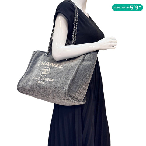 CHANEL Deauville Canvas Shopping Tote Bag Gray