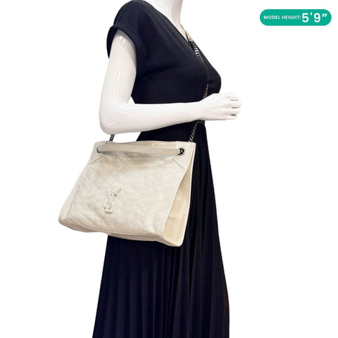 YVES SAINT LAURENT Niki Crinkled Leather Shopper Tote Bag Off White
