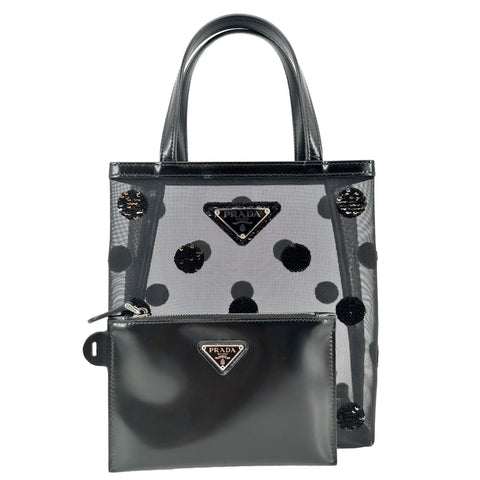 PRADA Ricamo Rete Polka Dot Mesh Tote BLack