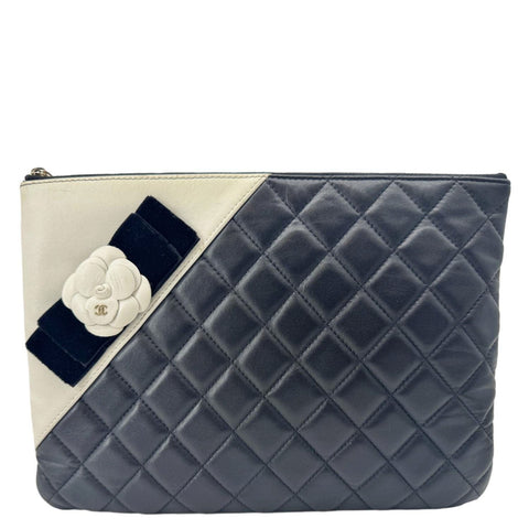 CHANEL Camellia O Case Medium Quilted Leather Clutch Black