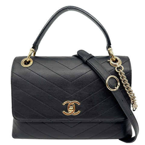CHANEL Chic Small Chevron Calfskin Leather Top Handle Crossbody Bag Black