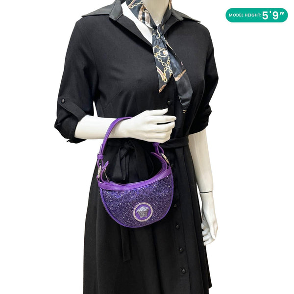 VERSACE Repeat La Medusa Mini Crystal Embellished Leather Hobo Bag Purple