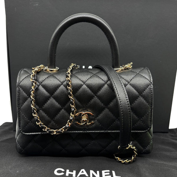 CHANEL Coco Handle Flap Mini Quilted Caviar Leather Crossbody Bag Black