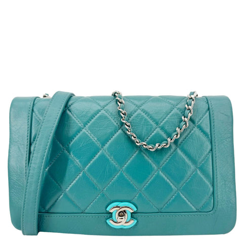 CHANEL Bi Vintage Full Flap Medium Quilted Crumpled Leather Crossbody Bag Aqua Blue