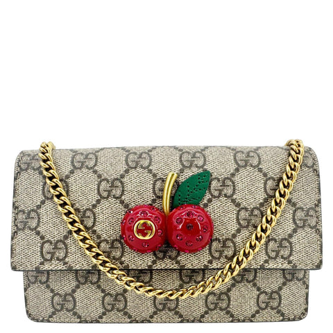 GUCCI Cherry Mini GG Supreme Canavs Chain Wallet Beige 481291