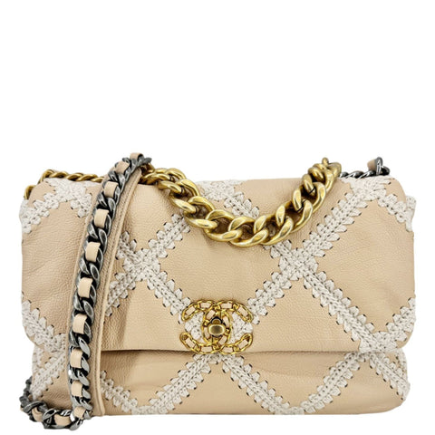 CHANEL 19 Flap Large Calfskin Crochet Shoulder Bag Beige