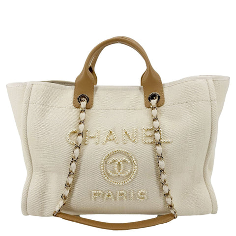 CHANEL Deauville Large Pearl Embellished Canvas Tote Bag Cream