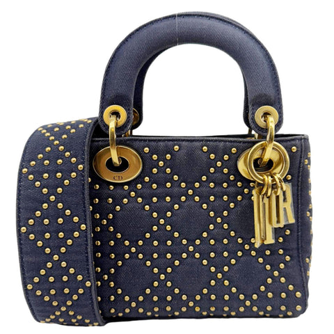 CHRISTIAN DIOR Lady Dior Mini Studded Supple Cannage Denim Crossbody Bag Navy Blue