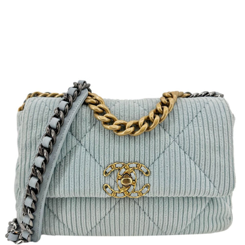 CHANEL 19 Flap Medium Quilted Corduroy Shoulder Bag Light Blue