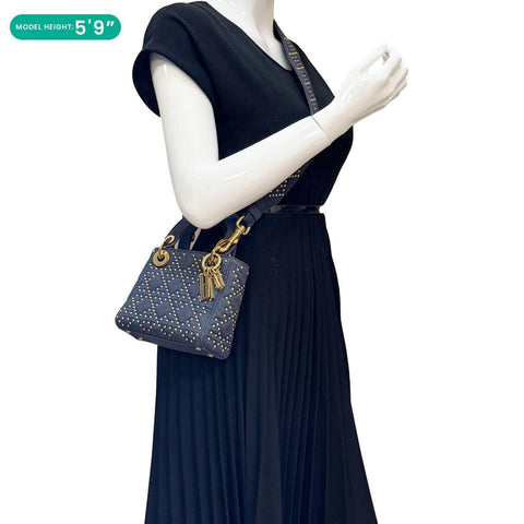 CHRISTIAN DIOR Lady Dior Mini Studded Supple Cannage Denim Crossbody Bag Navy Blue