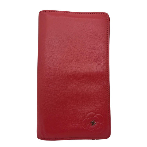 CHANEL Camellia Leather Long Bifold Wallet Pink