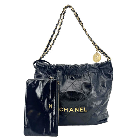 CHANEL 22 Quilted Calfskin  Shiny Leather Shoulder Bag Black