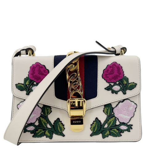 GUCCI Sylvie Small Floral Embroidery Leather Shoulder Bag Off White 421882