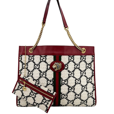 GUCCI Rajah Large GG Tweed Chain Tote Bag White 537219