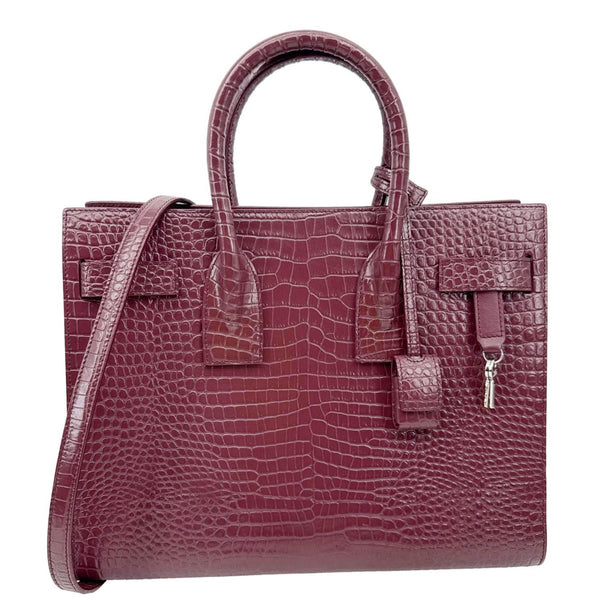 YVES SAINT LAURENT Sac de Jour Crocodile Embossed Leather Satchel Bag Burgundy