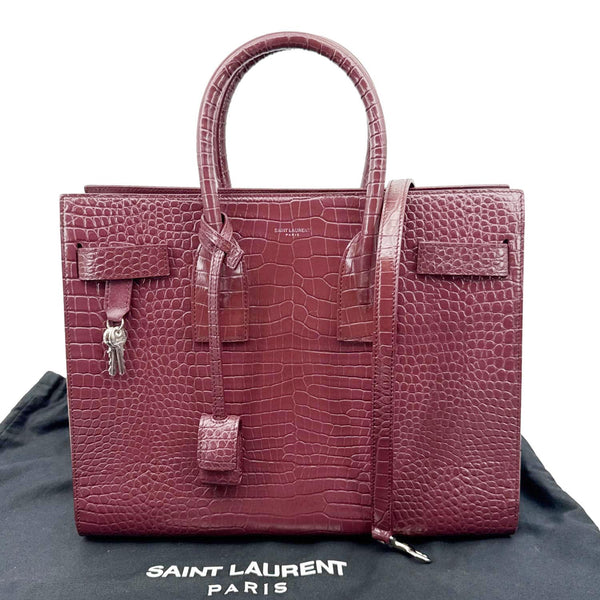 YVES SAINT LAURENT Sac de Jour Crocodile Embossed Leather Satchel Bag Burgundy