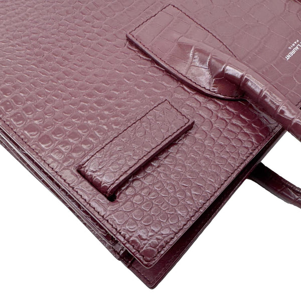 YVES SAINT LAURENT Sac de Jour Crocodile Embossed Leather Satchel Bag Burgundy