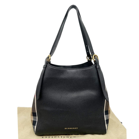 BURBERRY Canterbury Small House Check Derby Leather Tote Bag Black