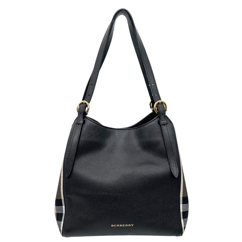 BURBERRY Canterbury Small House Check Derby Leather Tote Bag Black