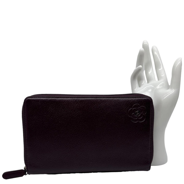 CHANEL Camellia Leather Zip Around Wallet Purple