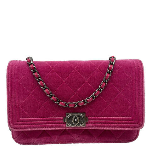 CHANEL Boy Quilted Velvet WOC Crossbody Bag Fuchsia