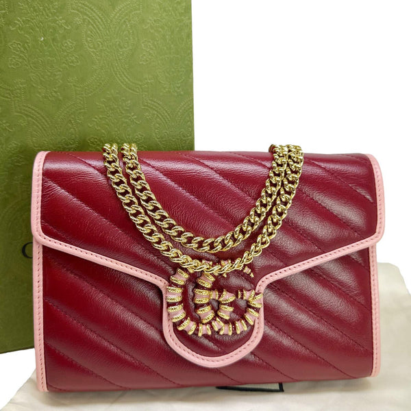 GUCCI Torchon Marmont Vintage Effect Leather Chain Wallet Burgundy 573807