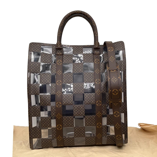 LOUIS VUITTON Sac Plat Chess PVC Monogram Coated Canvas Tote Shoulder Bag Brown