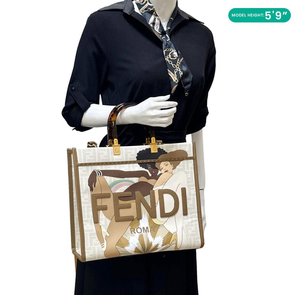 FENDI Sunshine Medium Glazed Fabric Plexiglass Shopper Tote Bag Multicolor