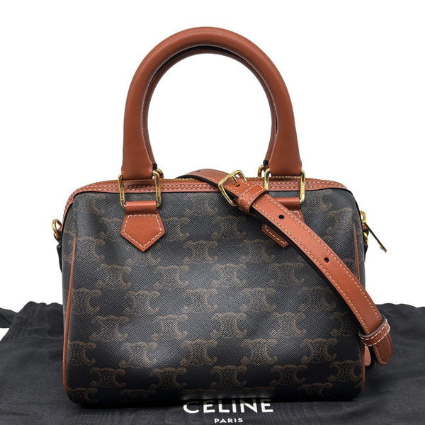 CELINE Small Triomphe Canvas Calfskin Boston Bag Tan