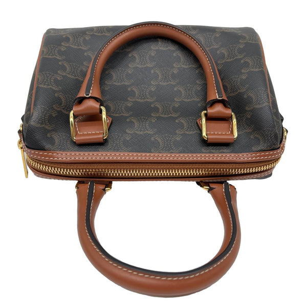 CELINE Small Triomphe Canvas Calfskin Boston Bag Tan