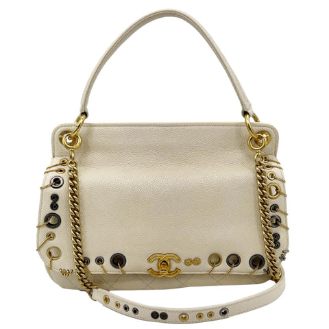 CHANEL Grommet Embellished Chic Flap Quilted Caviar Leather Crossbody Bag Ivory