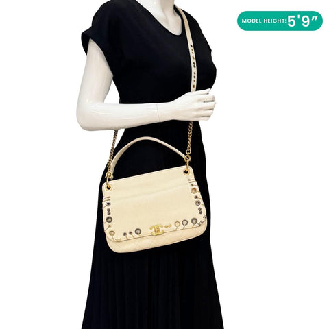 CHANEL Grommet Embellished Chic Flap Quilted Caviar Leather Crossbody Bag Ivory