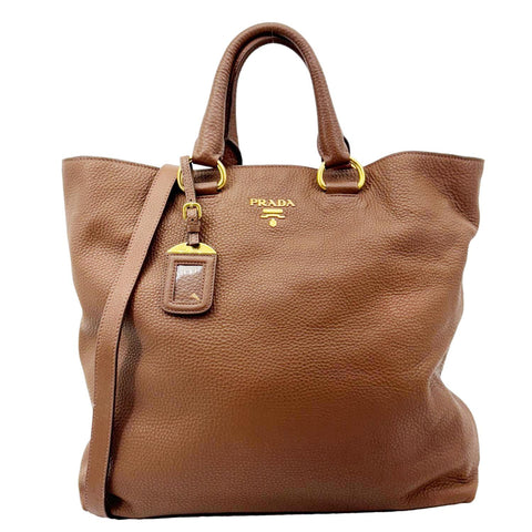 PRADA Vitello Daino Leather Tote Shoulder Bag Brown