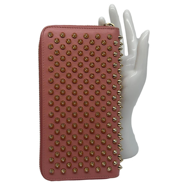 CHRISTIAN LOUBOUTIN Panettone Spikes Leather Zip Around Wallet Light Pink