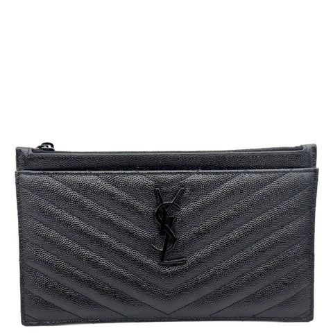 YVES SAINT LAURENT Monogram Bill Grain De Poudre Chevron Leather Zip Pouch Black