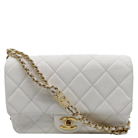 CHANEL CC Flap Quilted Caviar Leather Chain Flap Crossbody Bag White
