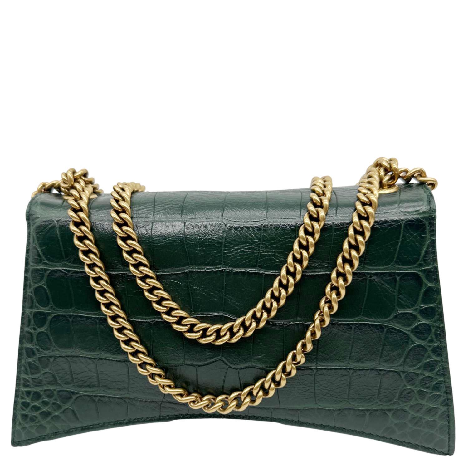 BALENCIAGA Crush Crocodile Embossed Leather Chain Crossbody Bag Green