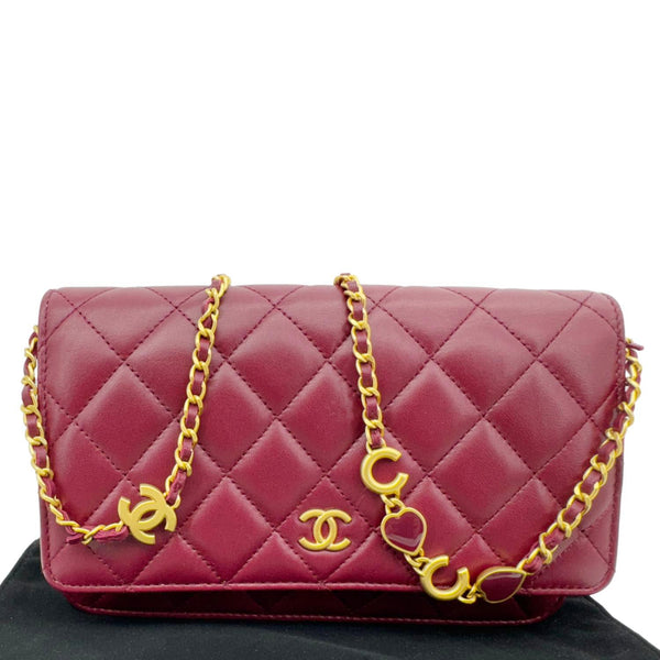 CHANEL Coco Hearts Quilted Leather Wallet On Chain WOC Burgundy