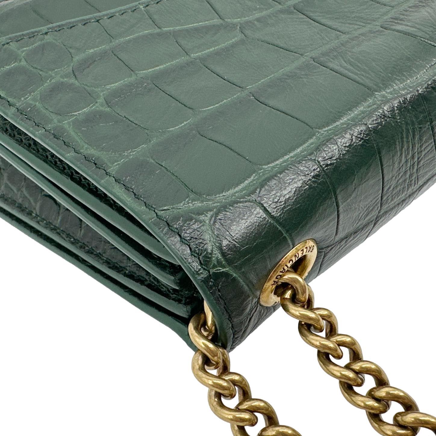 BALENCIAGA Crush Crocodile Embossed Leather Chain Crossbody Bag Green